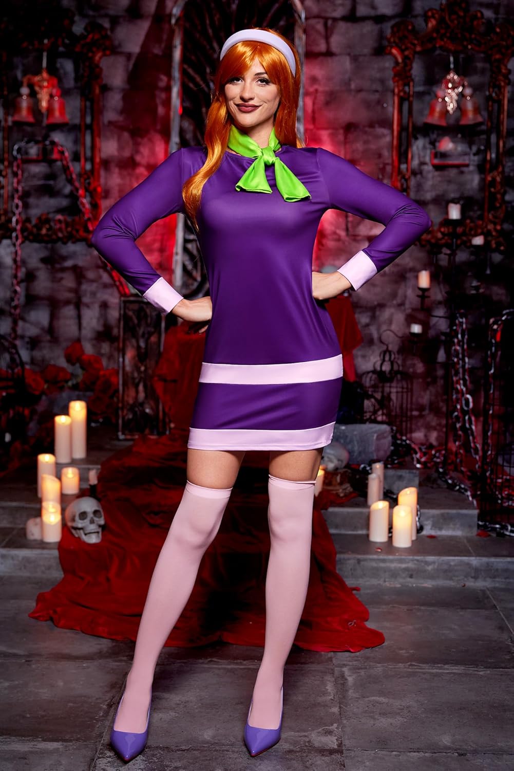 For G and PL 6 Pcs Women Halloween Costume Sets Purple Long Sleeve Party Mini Dress with Headband Scarf XS-2XL - Image 3