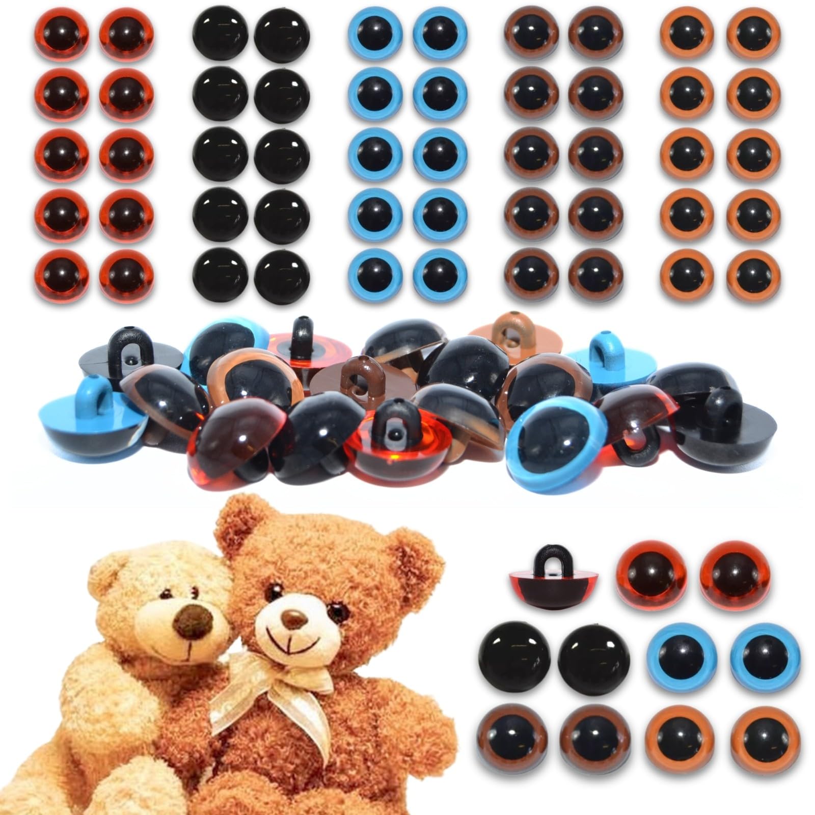celloexpress 13.5mm Mixed Colours Sew On Eyes - 50 Pairs - Half Round Button Eyes for Teddy Bear Animal Soft Toy Making