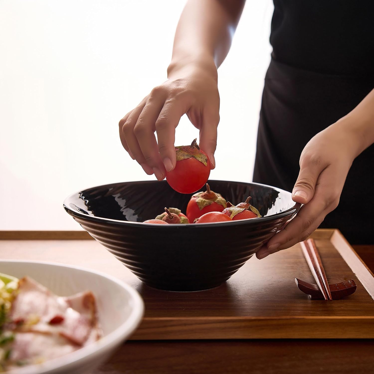 BICETTO Premium Porcelain Ramen Bowl Set 52oz, 8.5inch - Durable & Stylish - Perfect for Ramen, Pho, Soup, Salad, and Noodles - Microwave & Dishwasher Safe - Elegant, Lightweight, Ebony Grace