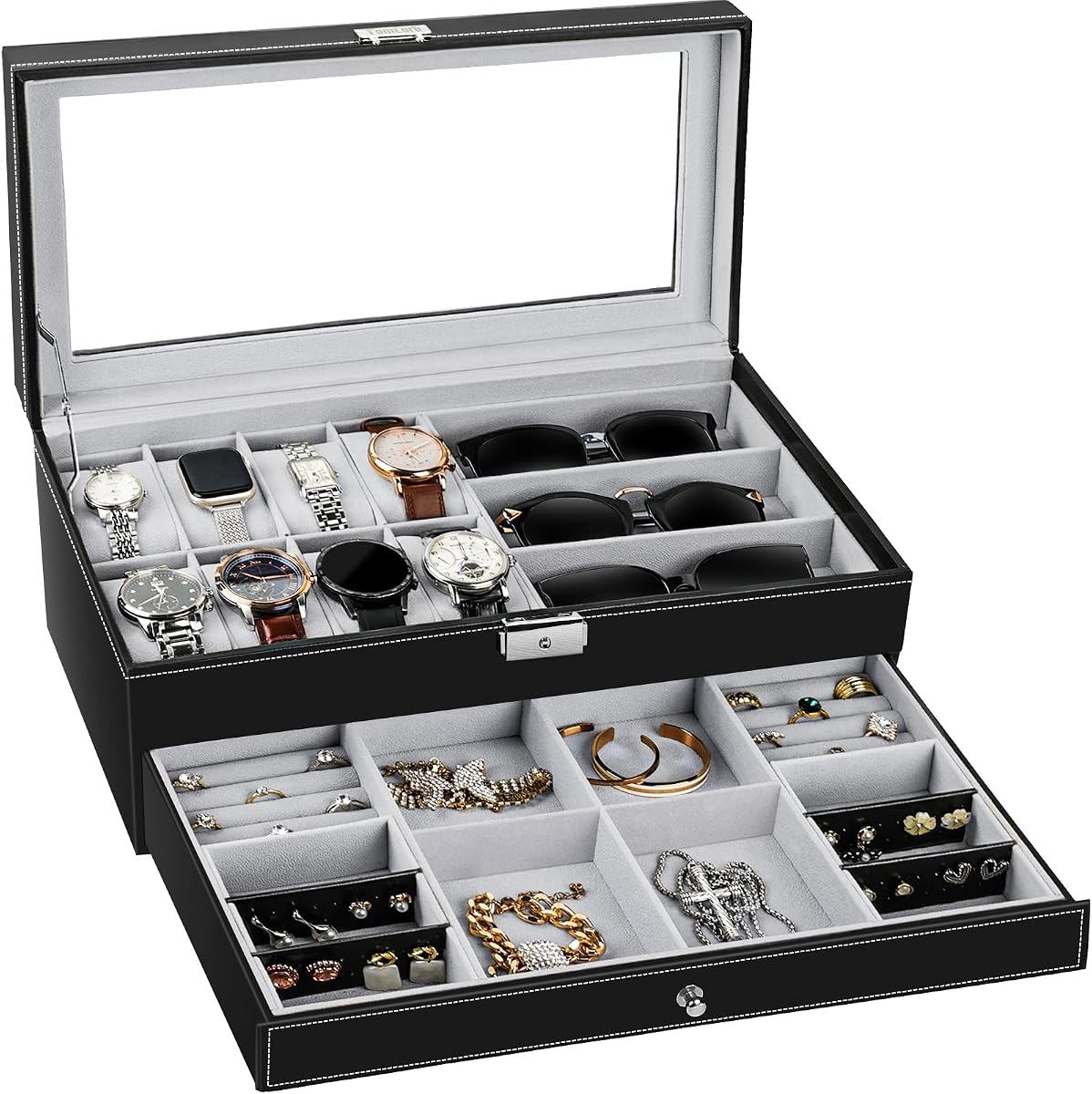 TomCare Caja para Relojes, Organizador de Joyas con Caja para Relojes de 2 Niveles con Tapa de Vidrio | 8 ranuras para relojes, 3 ranuras para gafas, exterior de cuero tejido de PU, forro de terciopelo suave, almacenamiento de joyas en la parte inferior, 2 llaves, negro