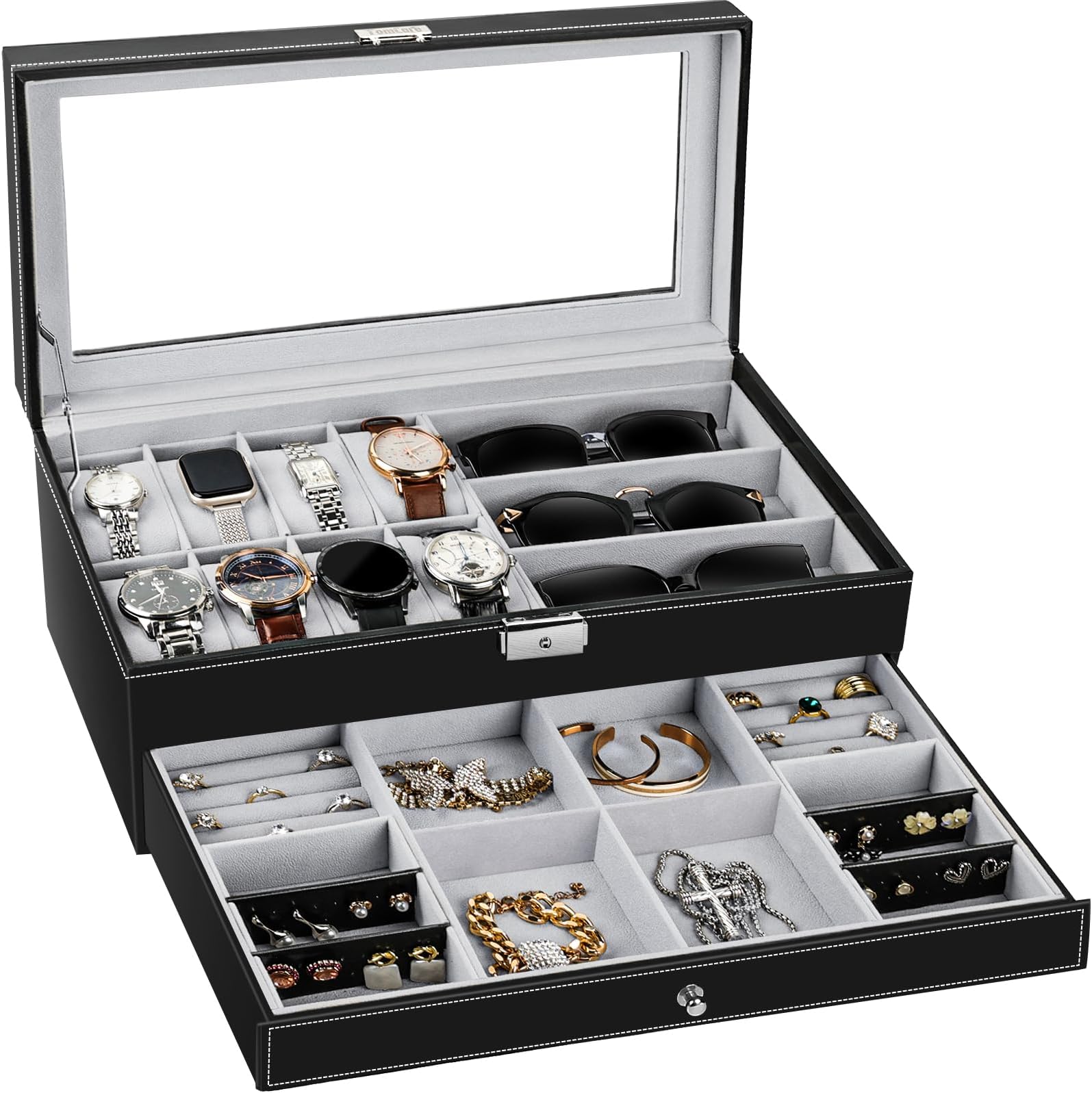 TomCare Watch Box Watch Case Jewelry Organizer Holder Jewelry Display Box Case Sunglasses Storage Organizer Lockable with Glass Top and PU Leather for Men Women, Black