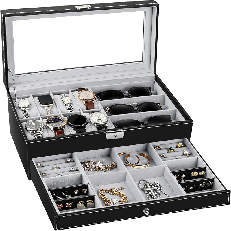 TomCare Caja para Relojes, Organizador de Joyas con Caja para Relojes de 2 Niveles con Tapa de Vidrio | 8 ranuras para relojes, 3 ranuras para lentes, exterior de cuero tejido de PU, forro de terciopelo suave, almacenamiento de joyas en la parte inferior, 2 llaves, negro