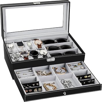 TomCare Watch Box Watch Case Jewelry Organizer Holder Jewelry Display Box Case Sunglasses Storage Organizer Lockable with Glass Top and PU Leather for Men Women, Black