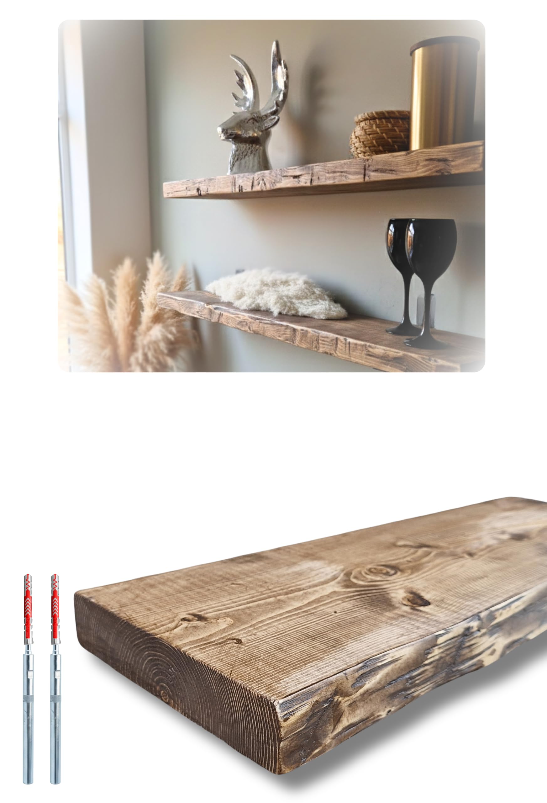 Wandregal schwebend, rustikale Designkante – Massivholz 40 mm, 20 cm tief, unsichtbare Halterung, handgefertigt (100 cm, Einzeln)