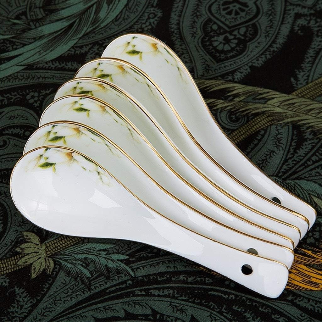 Scoop Ceramics Long Handle Spoons Ceramic Asian Soup Spoon Appetizer Spoon Set with Golden Edges and Elegant Pattern Perfect for Family Use,Set of 10 Soup Spoon (Color : D)