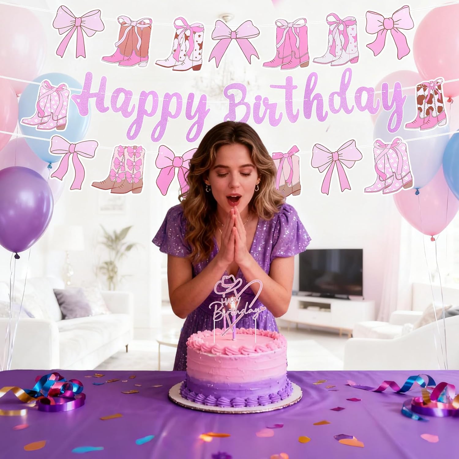 Meetory Cowgirl Birthday Party Decorations - Cowgirl Boots Bow Birth-day Banners Western Coquette Decorations Boots and Bows Banner Glitter Brown Coquette Birthday Party Supplies for Baby Shower Decor - Image 5