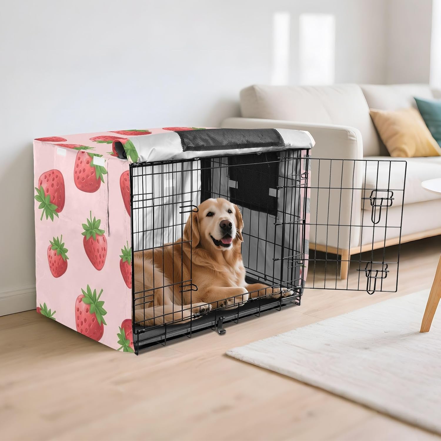 Strawberries Pink Dog Crate Cover UV-Resistant, S-XL Water-Resistant Crate Cover for Pet Owners, Large