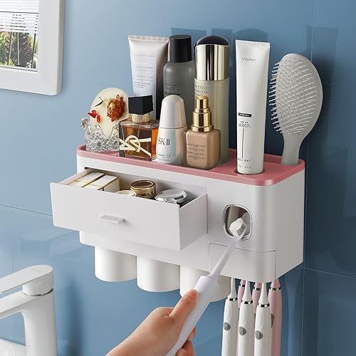 Soporte para cepillos de dientes para baño montado en la pared, 3 tazas para cepillos de dientes para baños, dispensador automático de pasta de