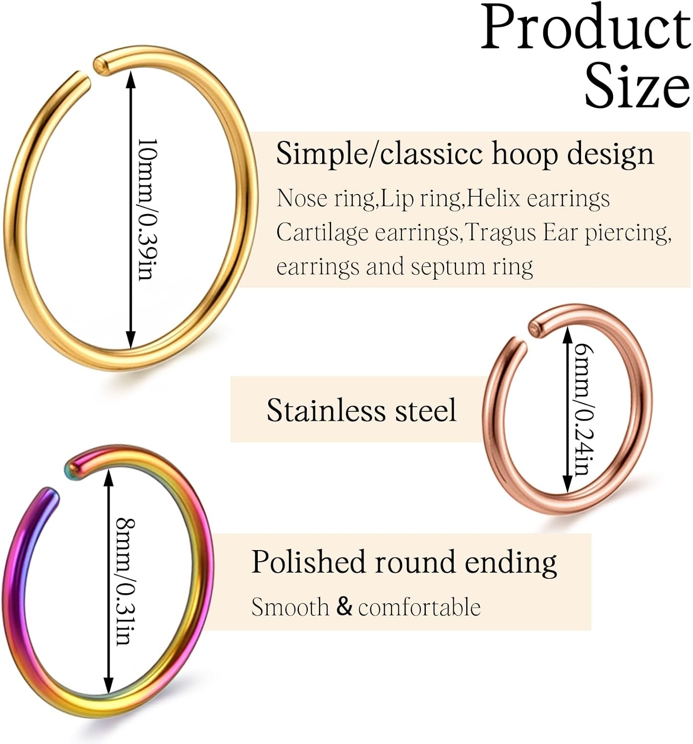 18 Pcs Stainless Steel Hoop Nose Ring Set, Nose Rings Hoops for Women Men 20G 6mm 8mm 10mm Cartilage Earrings Piercing Hoops Jewelry in 6 Colors