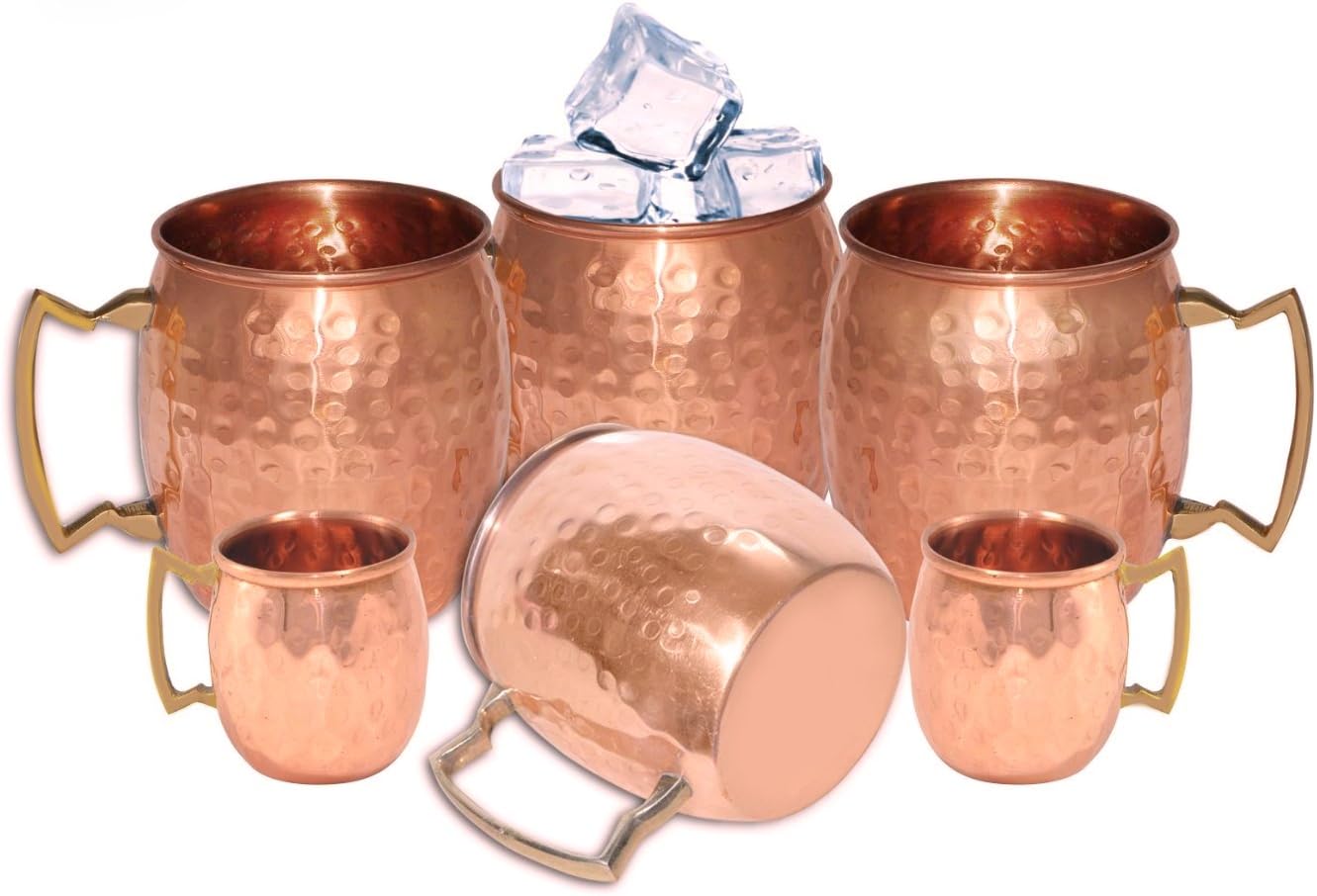 Rastogi Handicrafts Pure Copper Handmade Pure Copper Hammered Moscow Mule Mug Set of 4 with 2 Copper Shot Mugs