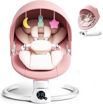 Electric Baby Swing with Remote & APP Control, 5 Swing Speeds, 3 Timers, 11 Music Built-in, Baby Bouncer with 5-Point Harness, Removable Canopy, 2 Positions Adjustable Backrest, 2 Power Options-Pink