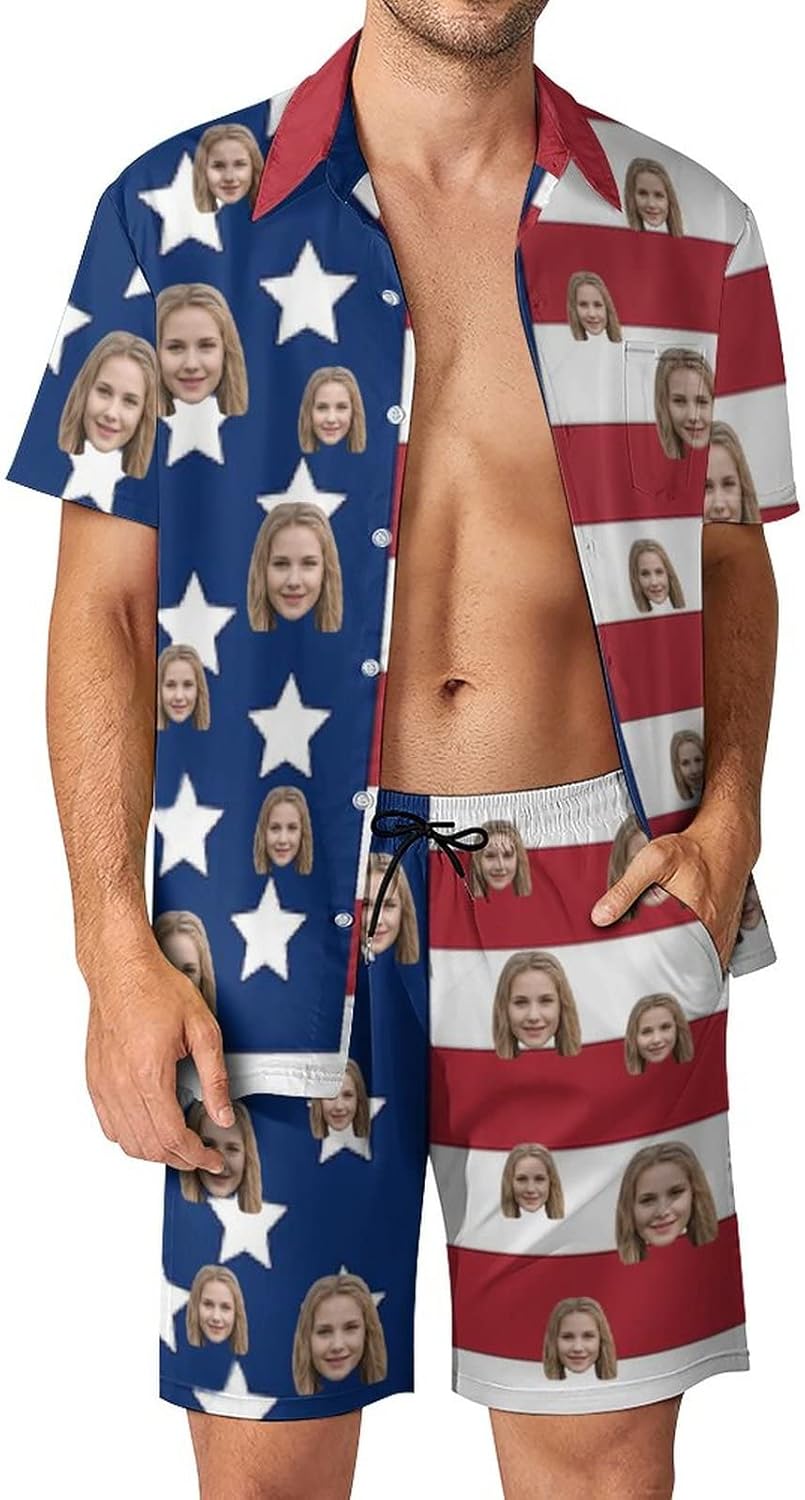 Custom Face Men's 2 Piece Flower Shirt Hawaiian Sets American Flag Printed Casual Button Down Short Sleeve Shirt Beach Gift