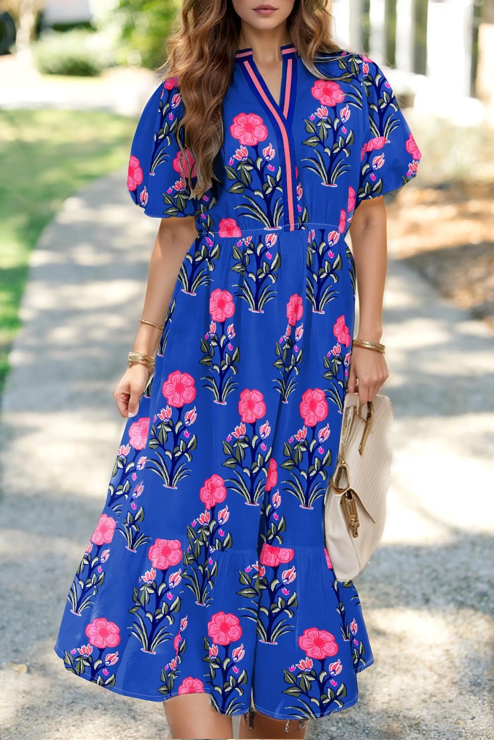 Wolddress Womens Summer Dresses 2026 Casual Puff Short Sleeve V Neck High Waist Flowy Long Maxi Dress - Image 2