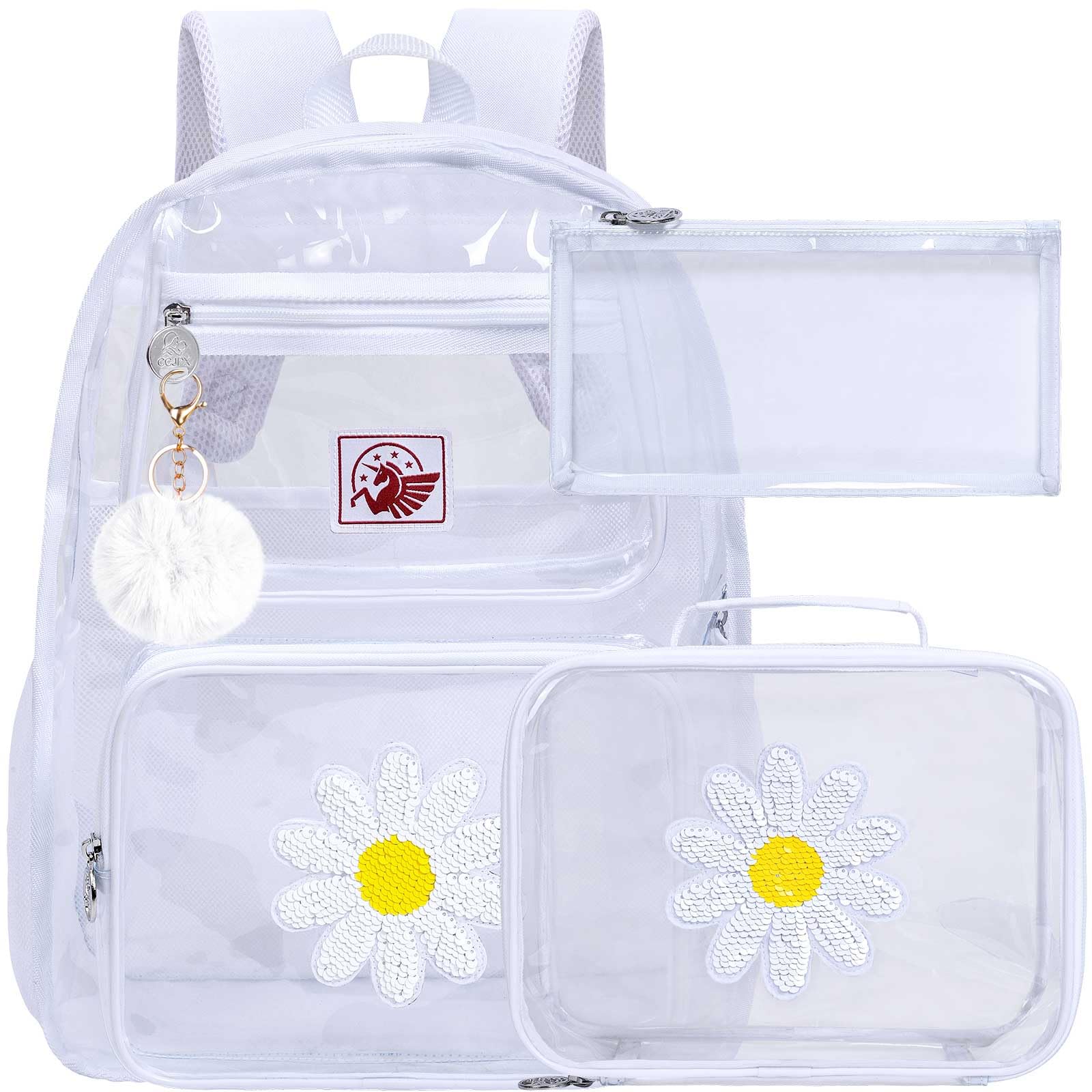 UFNDC 3PCS Clear Backpack Heavy Duty, See Through School Bag for Girls, Sequins Transparent Bookbag for Women