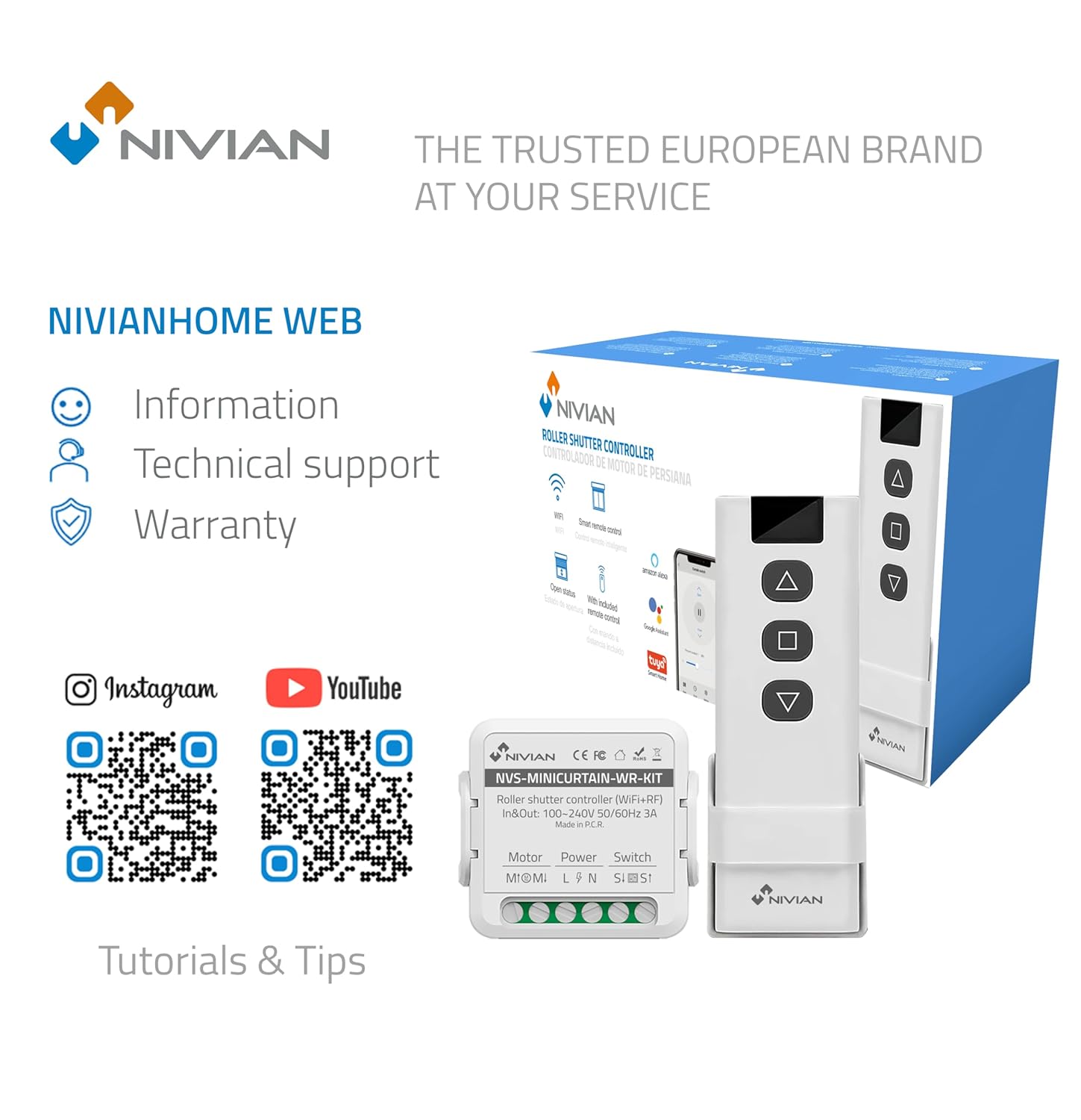 NIVIAN brand logo with text 'THE TRUSTED EUROPEAN BRAND AT YOUR SERVICE'. Below are sections for NIVIANHOME WEB (Information, Technical support, Warranty) and social media icons for Instagram and YouTube with QR codes for Tutorials & Tips.