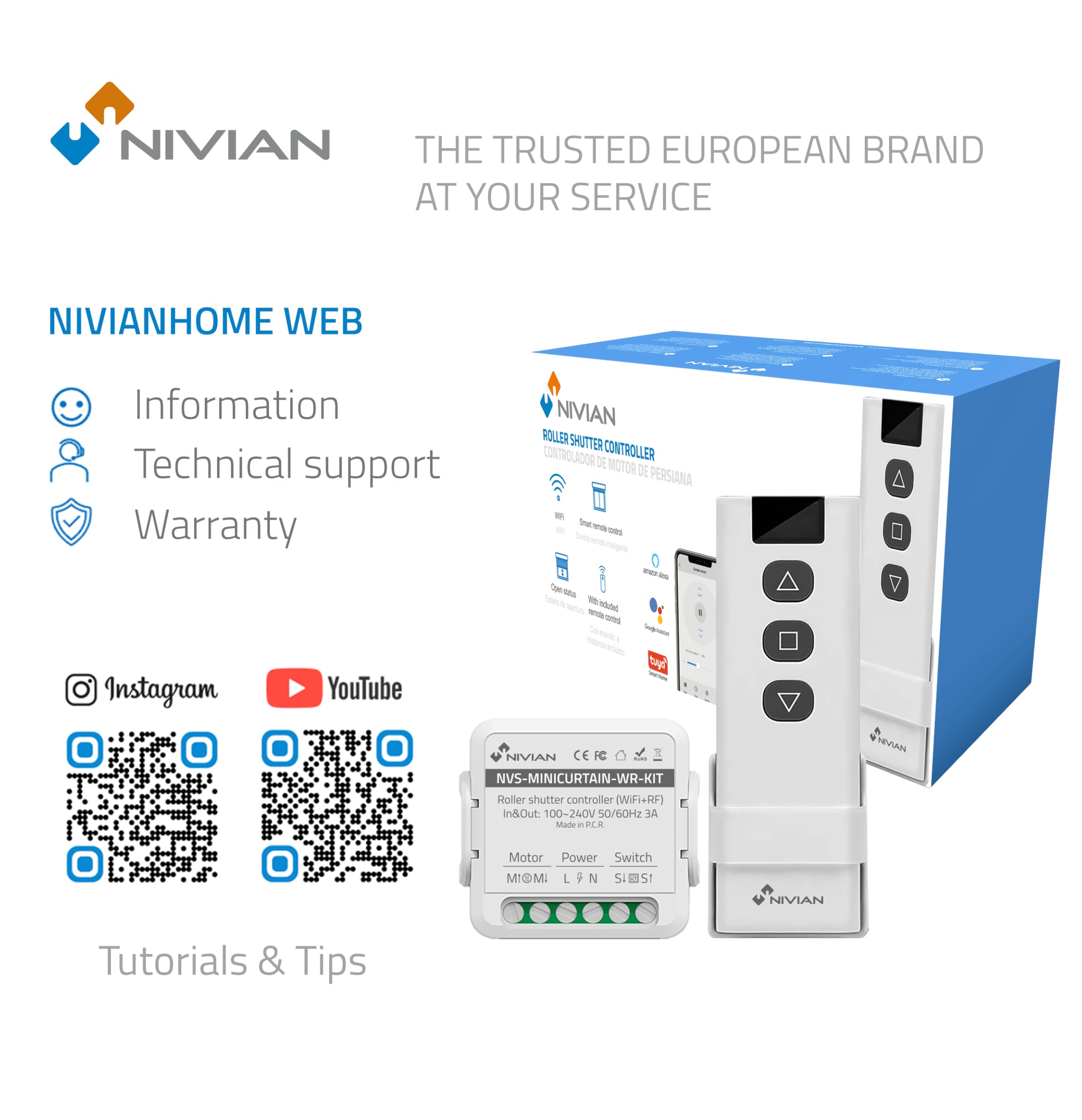 NIVIAN Controlador WiFi para Motor de Persianas con Mando RF. Control Remoto App Tuya. Interruptor Persiana WiFi Programación Horaria, Temporizador y Medición de Consumo. Compatible con Alexa y Google