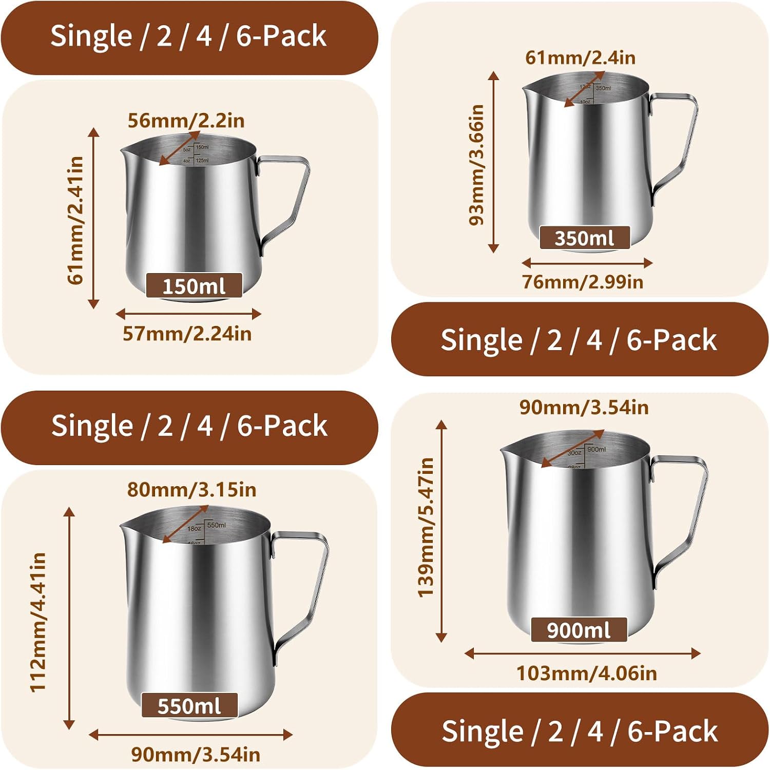 Milk Forthing Pitcher with oz/ml Scale for Coffee Cappuccino Latte Art(2, 550 ml/18 oz)
