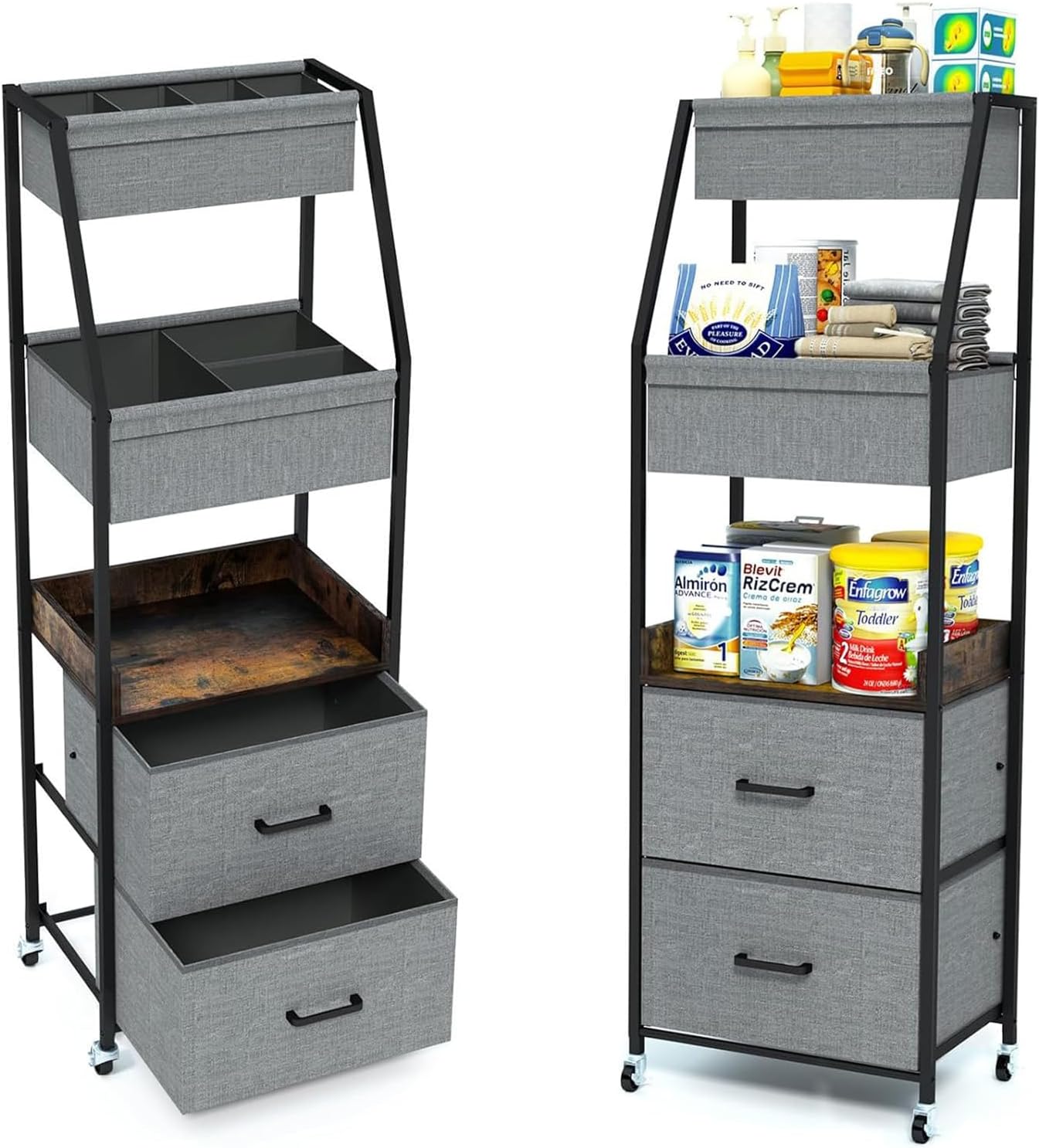 Diaper Caddy Organizer and Storage - 5 Tier Rolling Cart with Dividers and Drawers, Mobile Utility Cart with Wheels for Nursery, Bedroom, Changing Table & Crib, Grey