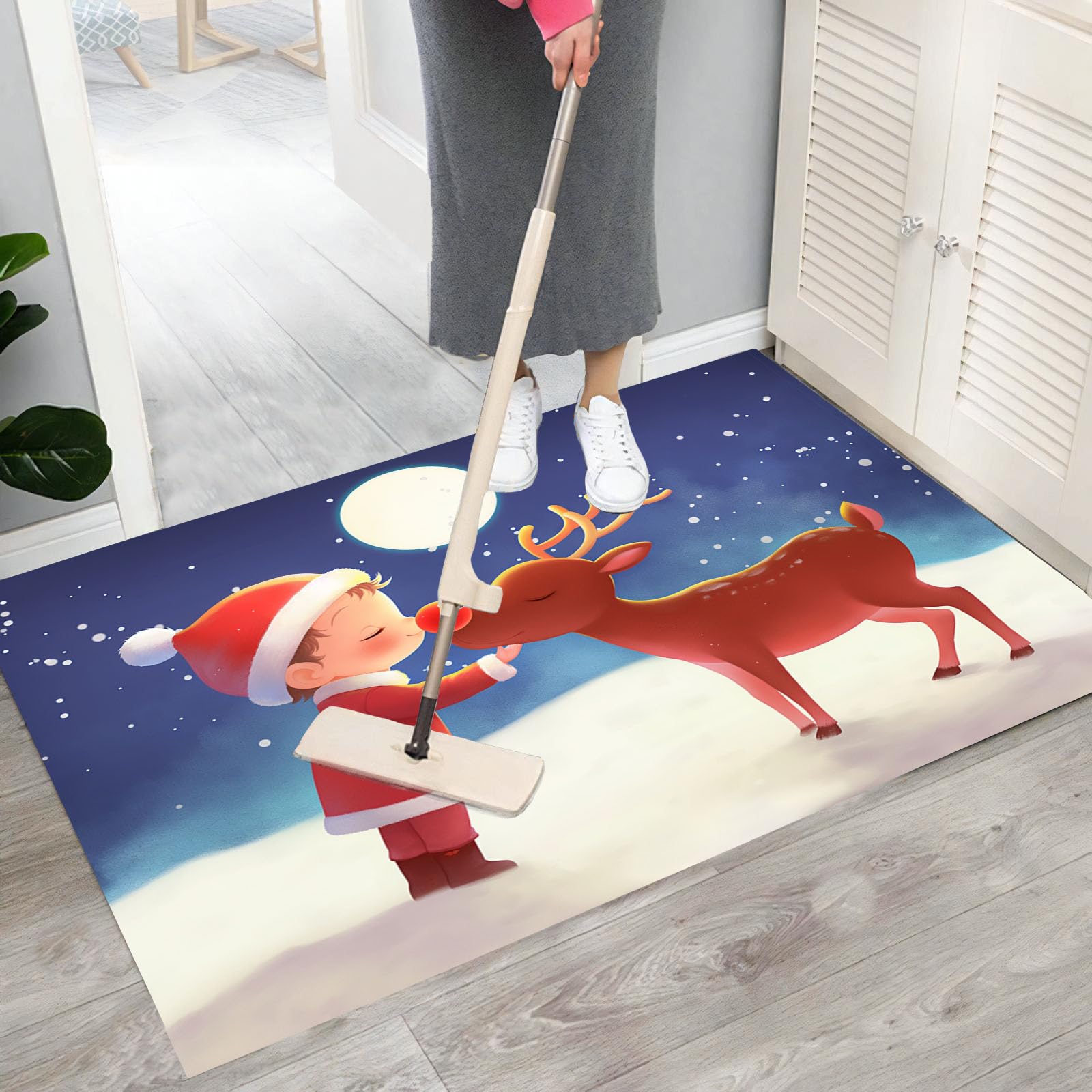 Felpudo de Interior 80x120cm, Diseño de Niño Reno, Lavable Antideslizante, Alfombrilla Dibujos Animados Plegable de Pelo Corto para Entrada, Alfombra Fácil de Limpiar, Púrpura