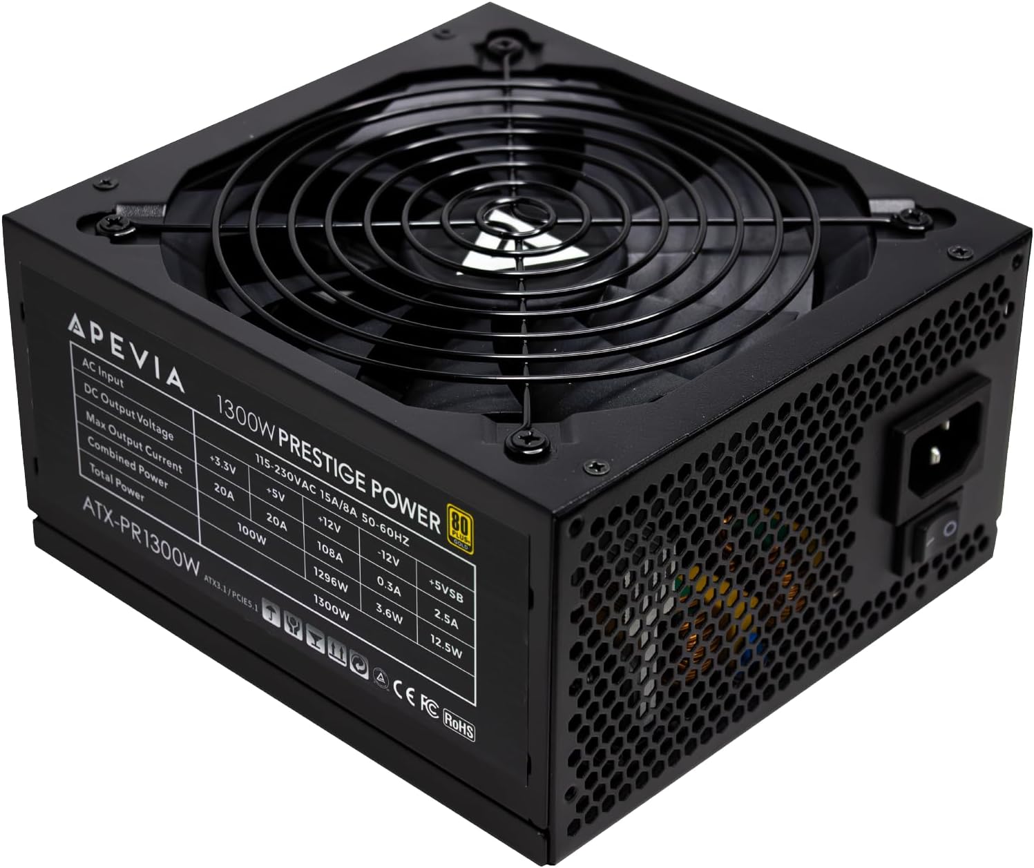 Apevia ATX-PR1300W Prestige 1300W, 80+ Gold Certified, ATX 3.1 Ready, PCIe 5.1 / 12VHPWR Connector, ATX Active PFC, DC to DC Converter Design, 135mm Silent Fan, RoHS Compliance, Gaming Power Supply - Image 1 of 6
