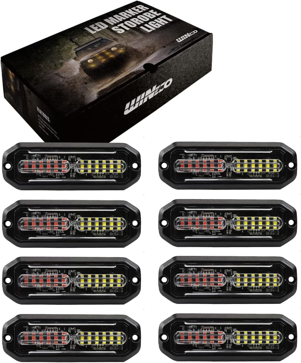 WINECO Amber/White LED Strobe Lights Kit - 8pcs 12-LED Flashing Emergency Warning Lights for Trucks, Cars and Vehicles Amber White