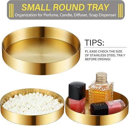 Miniatura 2 de Gandeer Paquete de 2 bandejas redondas doradas pequeñas de latón, plato redondo de metal para velas, joyería de acero inoxidable, maquillaje,