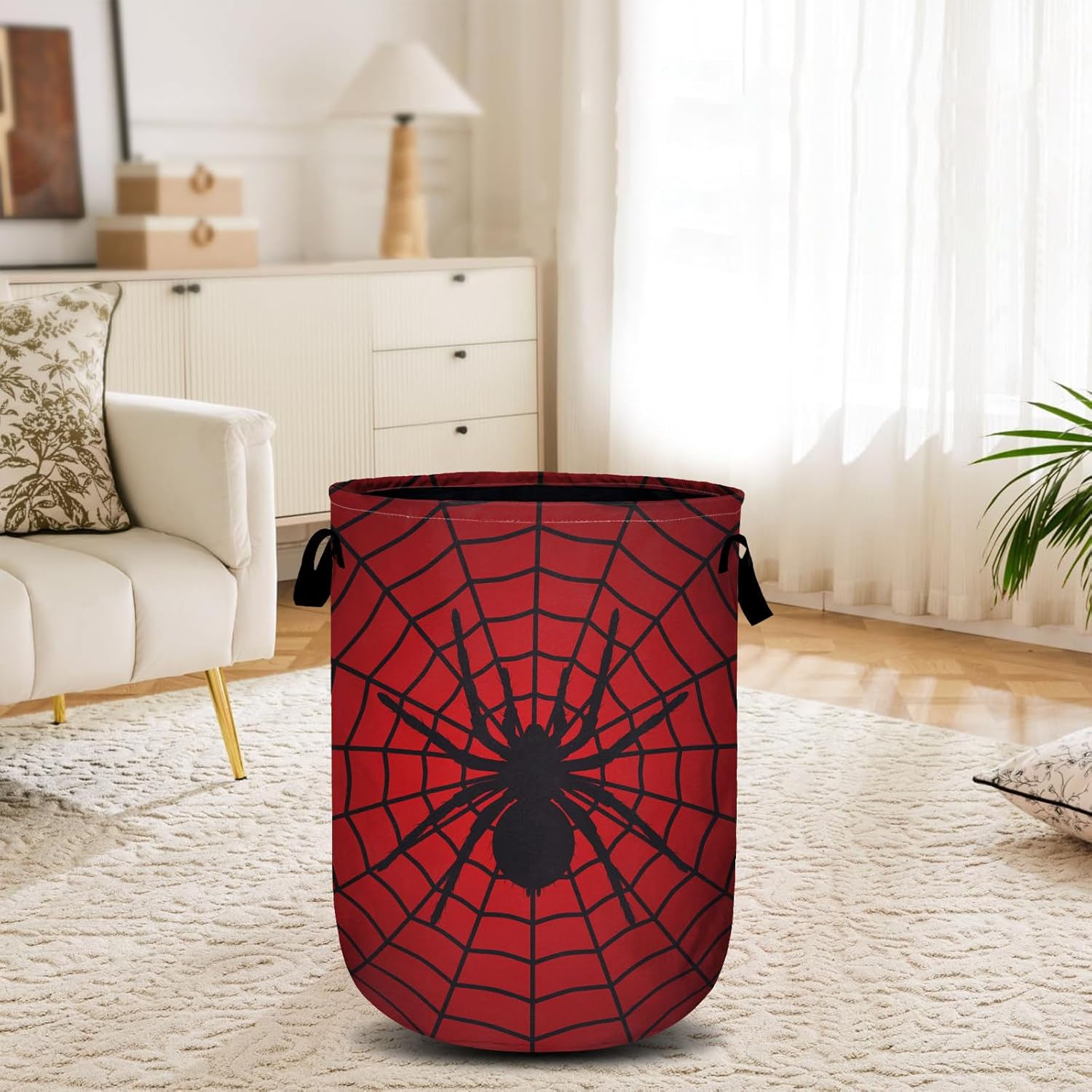 Red Spider Web Laundry Basket, Laundry Hamper Collapsible Oxford Cloth with Handle Clothes Toy Storage Bin for Bathroom Laundry Room Bedroom 15.7 X 20 Inch