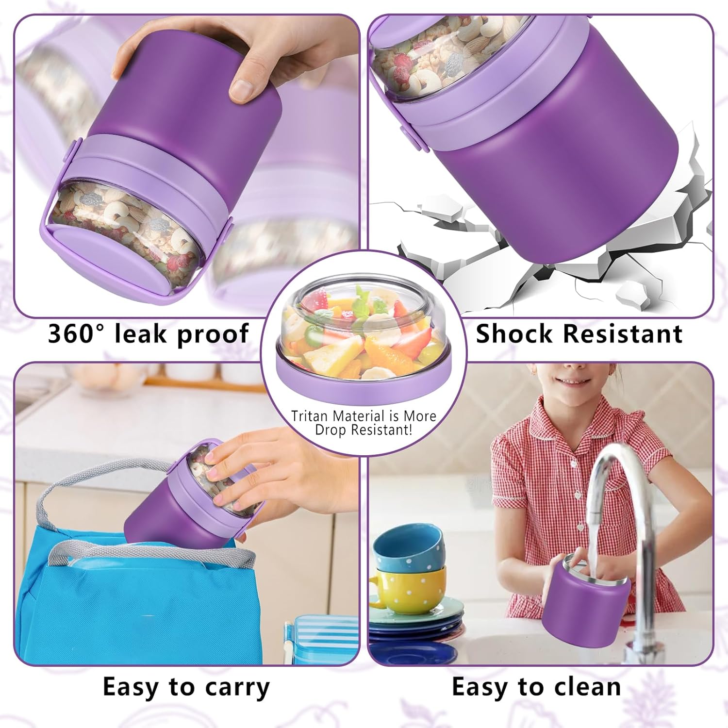 2 in 1 Double Insulated Food Jar 13.5oz Soup Thermo with Snack Container Kids Thermo for Hot Food Lunch Containers Wide Mouth Vacuum Stainless Steel Leak Proof for School Travel(Purple) - Image 3