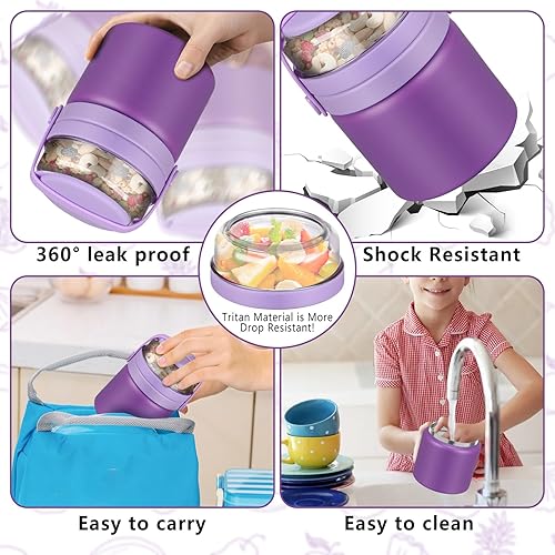 Miniatura 3 de Tarro de comida con doble aislamiento 2 en 1 de 13.5 onzas, termo de sopa con contenedor de aperitivos para niños, termo para comida caliente,