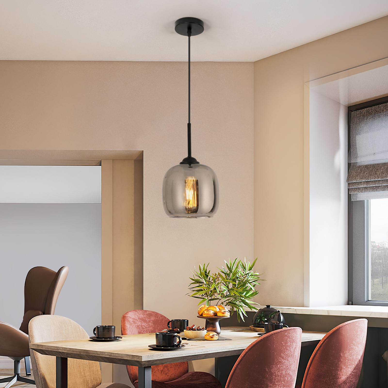 Lampada a sospensione Moderna, Lampadario in Vetro Grigio Fumé, Filo Sospeso Regolabile, Lampadario per Cucina, Tavolo da pranzo, Camere da letto (E27, Escluse le lampadine)