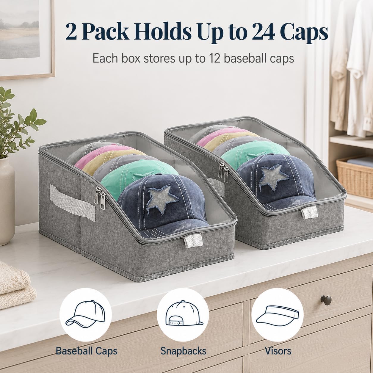 2 PCS Stackable Hat Organizer for Baseball Caps, Hat Storage Holder Holds up to 24 Caps for Closet/Shelf, Hat Box Holder with Clear Window Lid And Sturdy Cardboard, for Closet Bedroom Shelf (Grey)