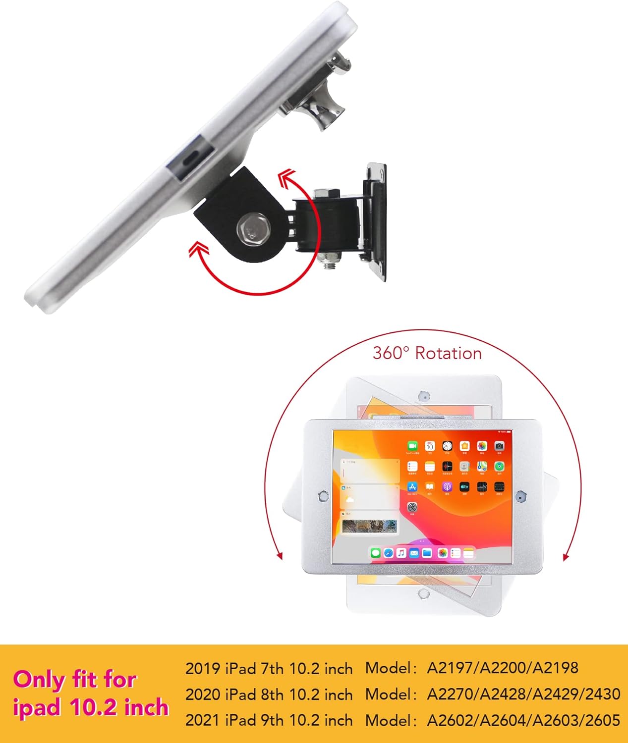 On Wall Mount Metal Bracket for iPad 10.2-Inch (9th,8th,7th Gen.),with Anti Theft Security Lock, Rotate Design,Multi Angle, Horizontal and Vertical Screen Swivel,(Silver)