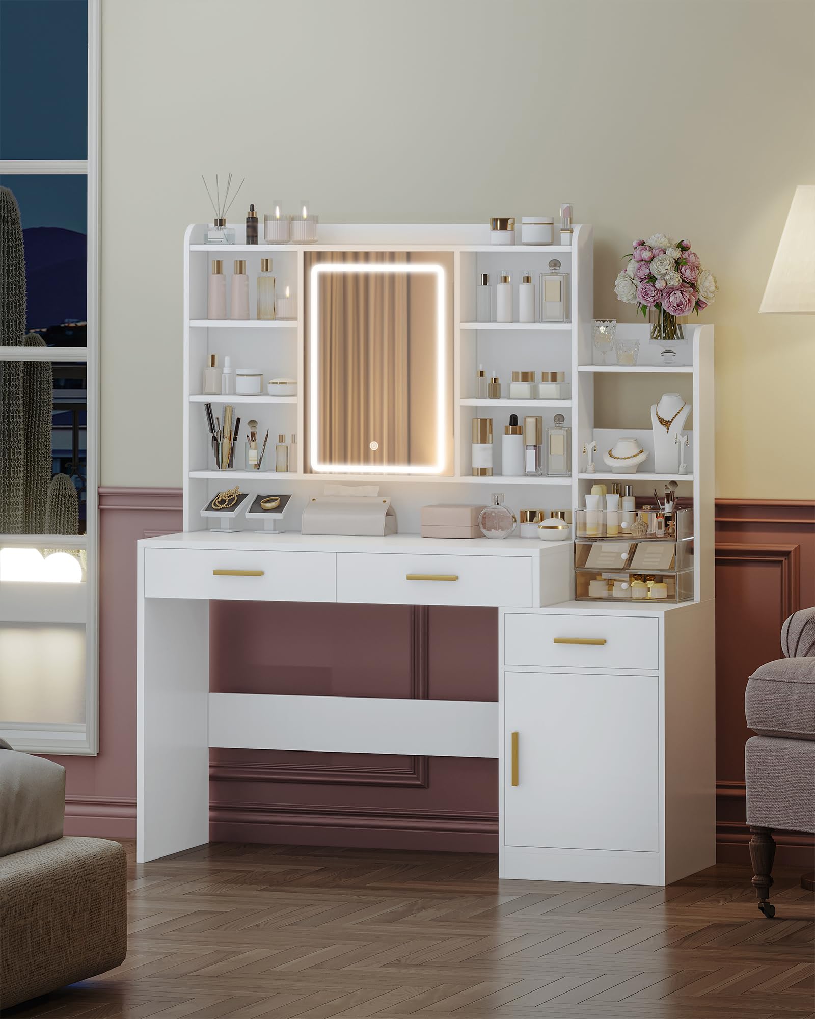 Hzuaneri Toeletta da Trucco, Ampio Piano d'appoggio con Specchio e Luce LED Regolabile, 3 Cassetti e 1 Armadietto, Ripiani Aperti a Più Livelli, per Camera da Letto, Guardaroba, Bianco DT39103X