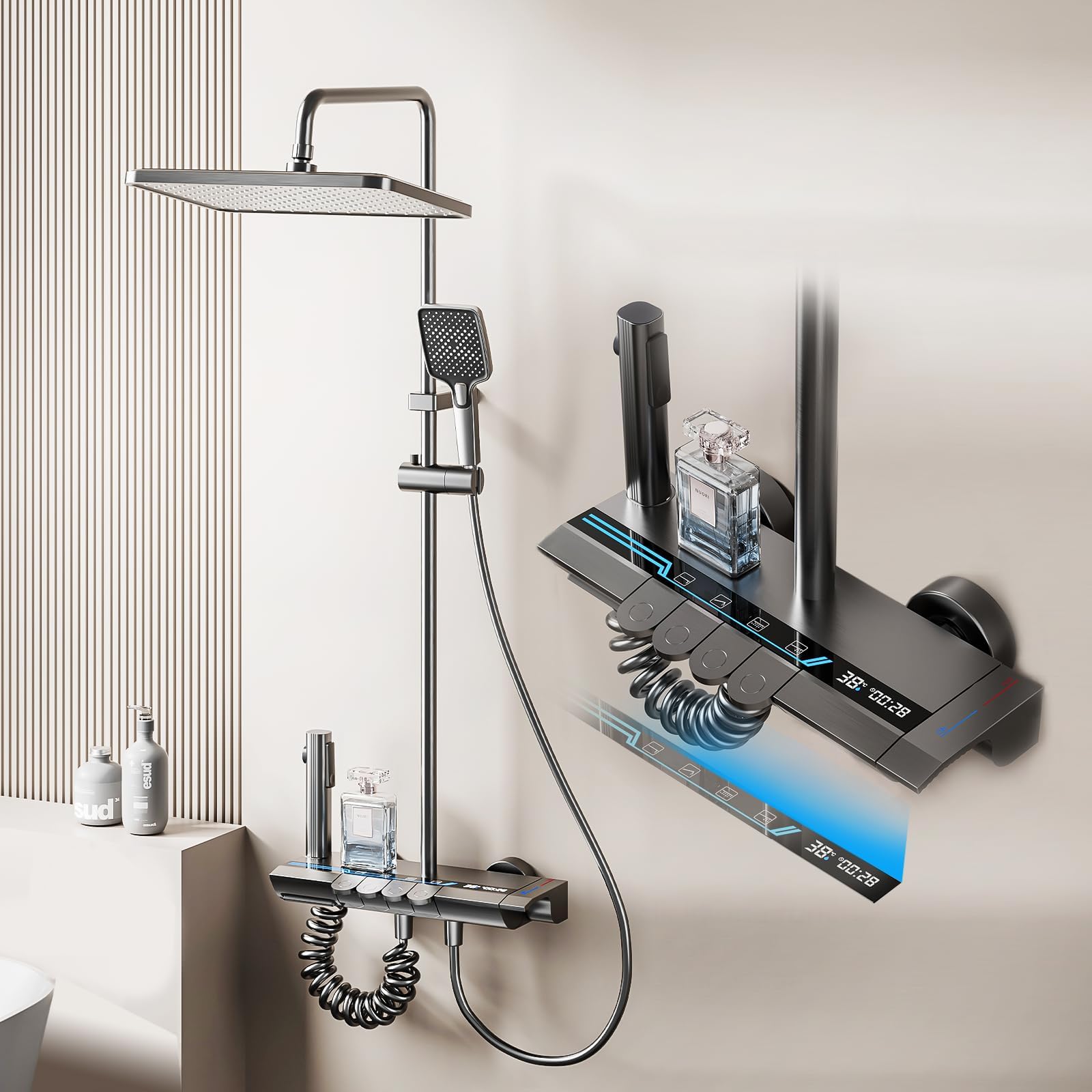 Columna de ducha LED con pantalla digital y horario, columna de ducha con mezclador con 4 botones de piano, altura ajustable de 77 a 115 cm, ducha con botones y luces multicolor