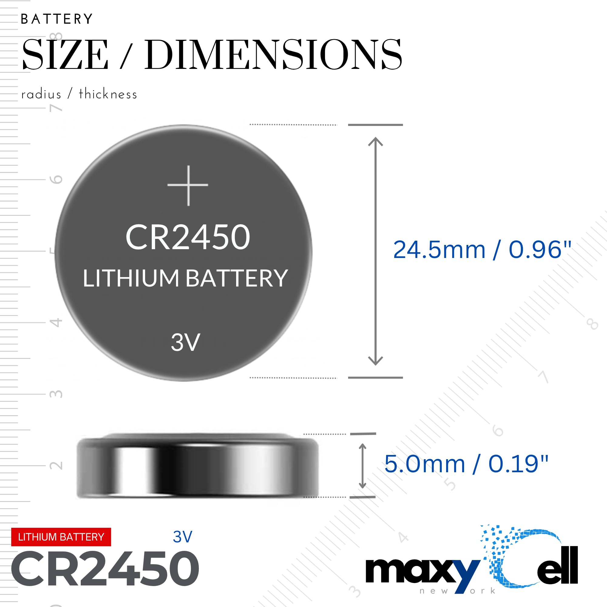 2450 CR2450 - Batteria a bottone al litio, 3 V, ad alta capacità, lunga durata, affidabile per orologi, portachiavi, fitness tracker, dispositivi medici, termometri, design a prova di perdite