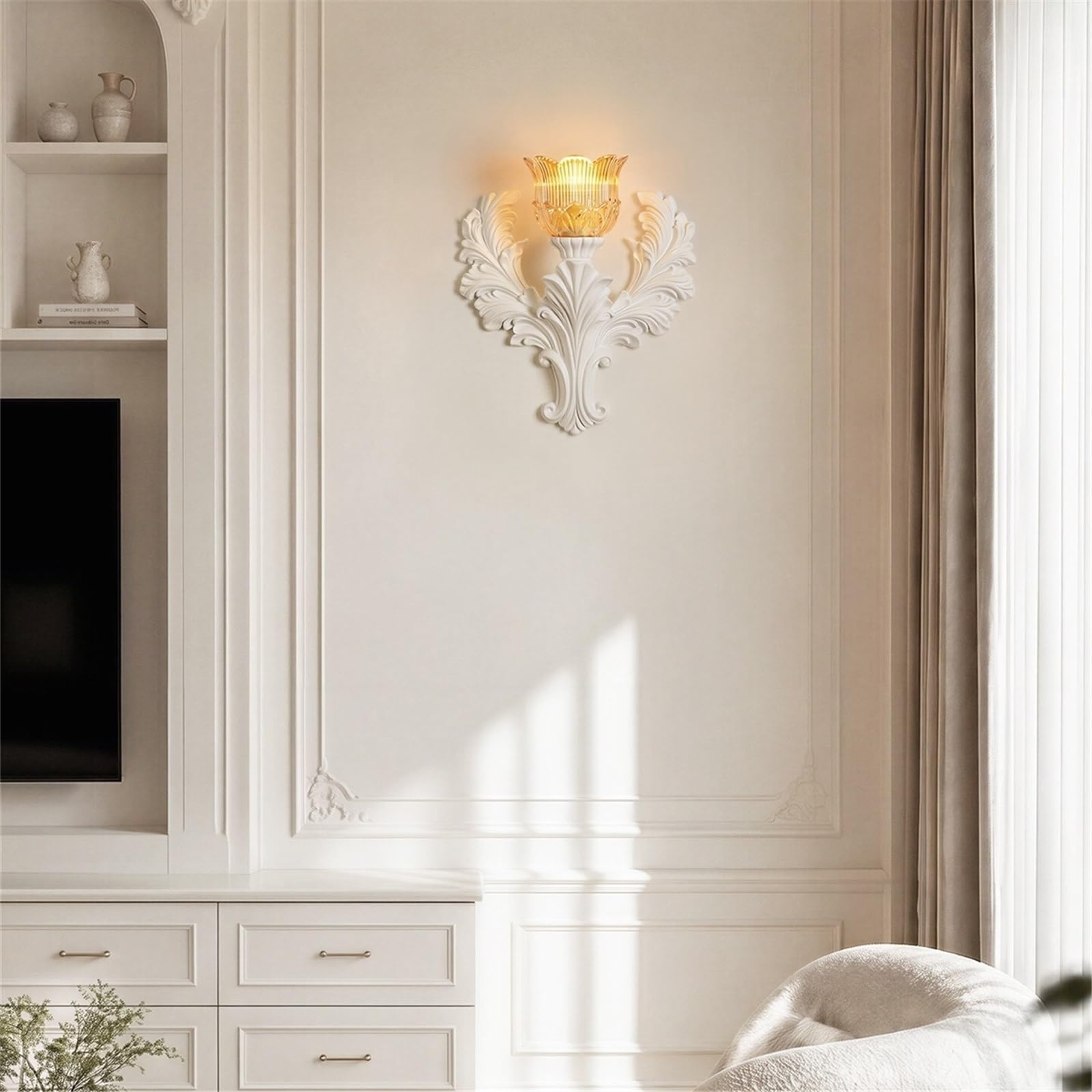 Applique Parete Lampada da parete in vetro tulipano ambrato for vanità della camera letto Illuminazione Interni(Bianco)