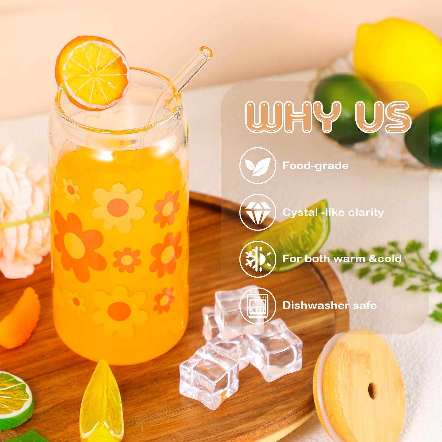 Cunhill 4 Pcs Daisy Iced Coffee Cup Valentines Glass Cups with Bamboo Lid and Straw 16oz Glasses Beer Can Cup Coworker Gift for Teacher Women Employee Birthday - Image 2