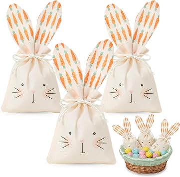 Easter Treat Bags, 3Pcs Easter Bunny Gift Bags, Reusable Burlap Rabbit Ear Gift Pouches with Drawstring for Candy Egg Hunt Prize Baby Shower Somebunny is One Kids Easter Basket Stuffers Party Supplies