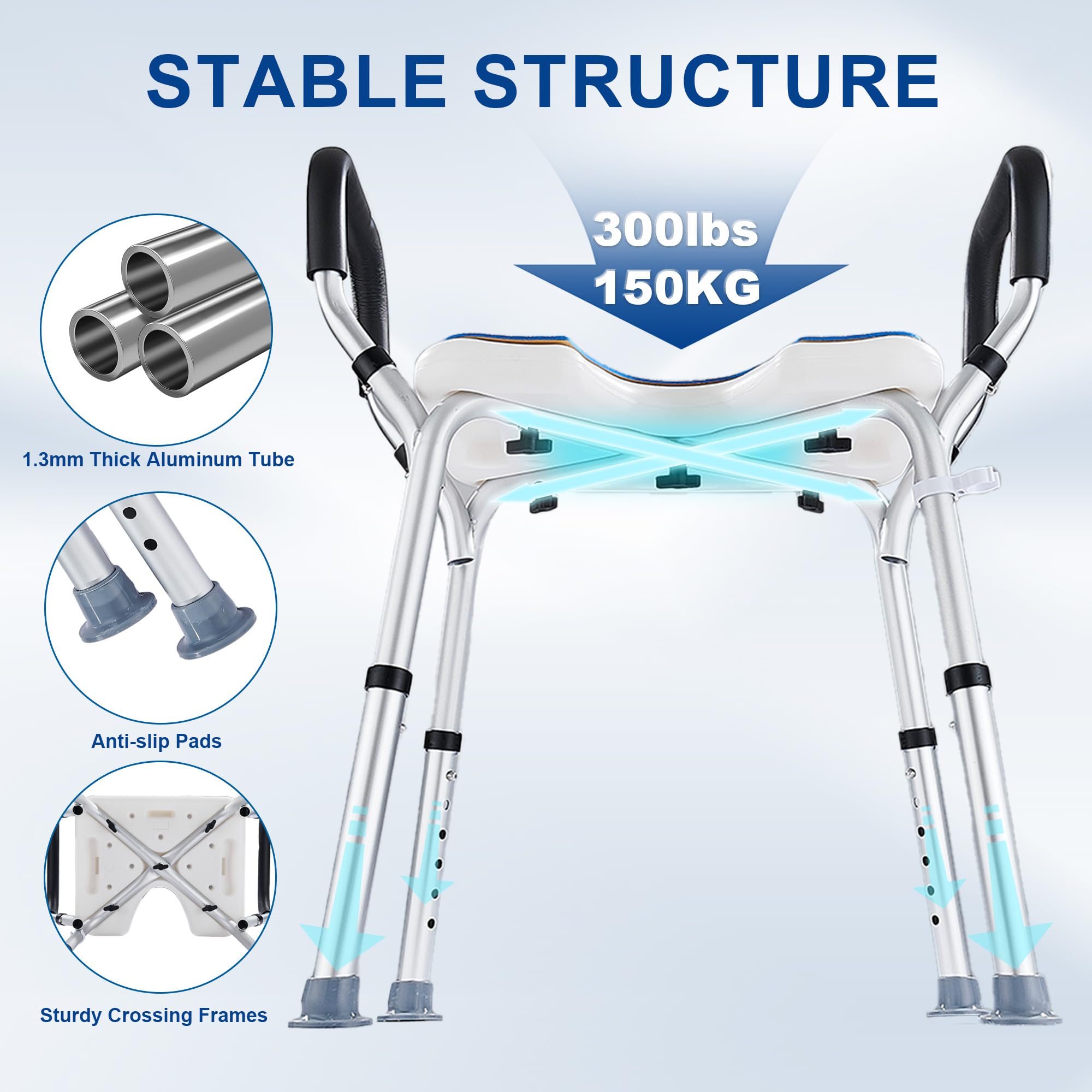 Sedia per Doccia con Braccioli Altezza Regolabile 39-52.5 cm, Sgabello Doccia Forma a U Antiscivolo per Anziani Disabili Sedile Sgabello da Bagno in Alluminio portata fino a 150 kg