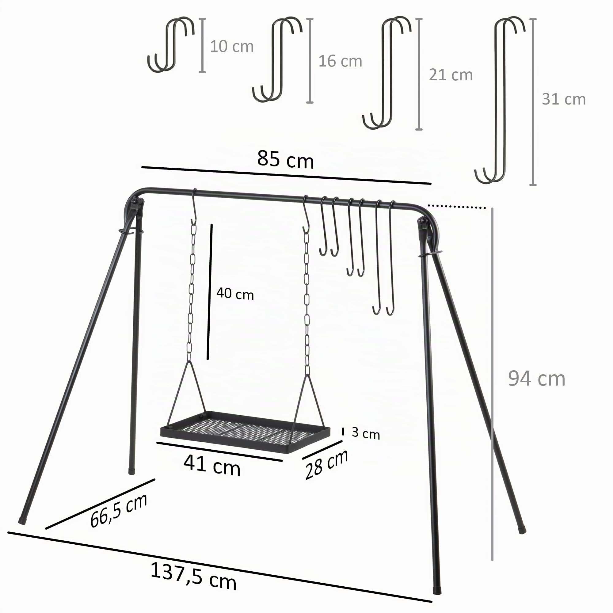 BBQ-Toro Gril à Bascule 10 Pièces | Support Grill avec 8 Crochets | Gril Pivotant, Support Cuisson | Foyer Extérieur | Plaque Réglable Hauteur | Set Grill, Support Suspendu
