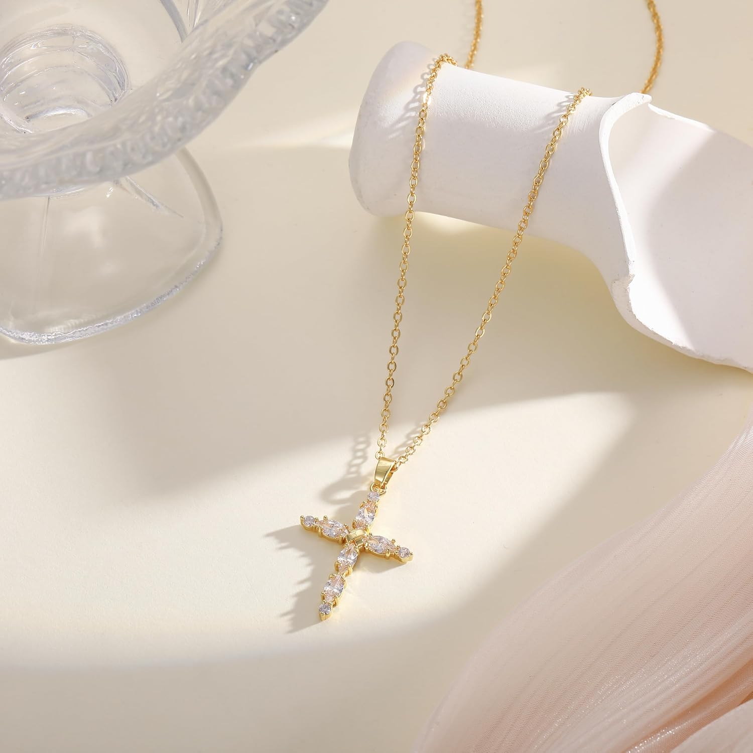 Cross Necklace for Women 14K Gold Silver Diamond CZ Cross Pendant Choker Dainty Gold Necklace Round Diamond Faith Religious Trendy Jewelry Gifts - Image 6