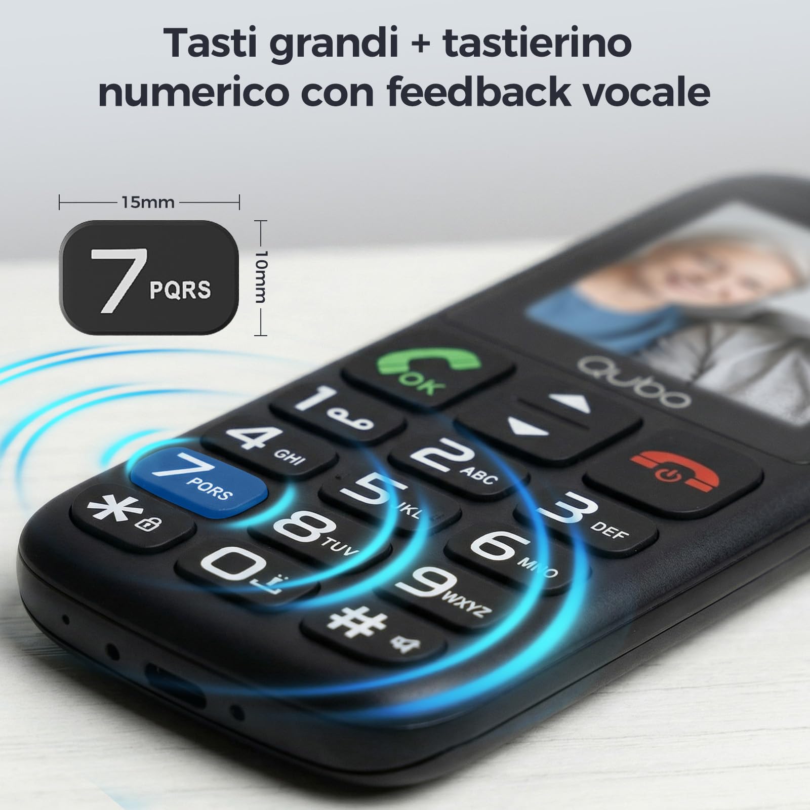 Qubo 4G Cellulare per Anziani 4G | Tasto SOS e Caricabatterie | Grandi Tasti e Schermo 1,77" | Torcia | Dual SIM | Compatibile con Tutte le Reti | Telefono Semplice