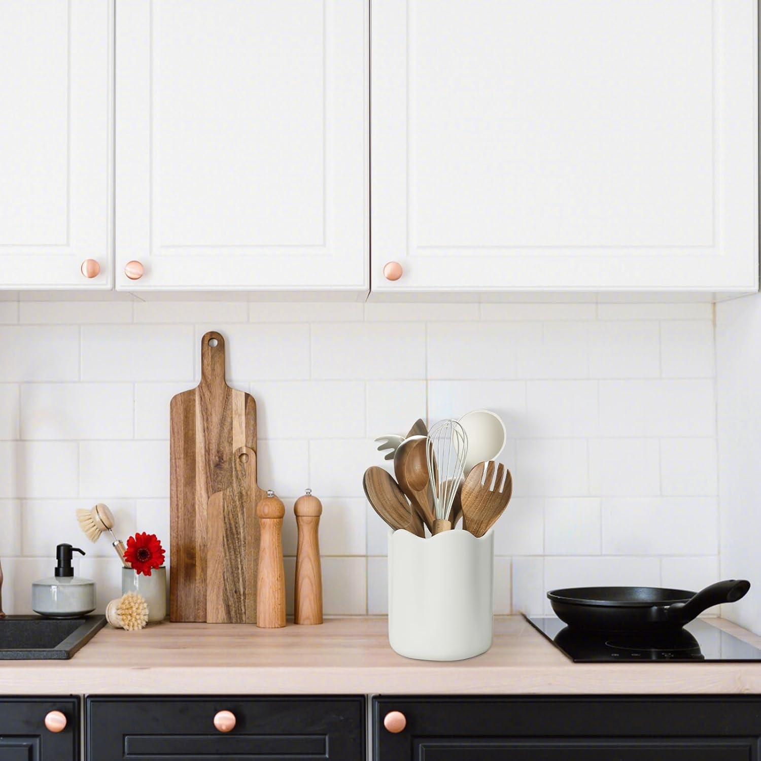 Large Utensil Holder for Kitchen Counter, Ceramic Kitchen Utensil Crock with Protection Cork Mat, Modern Cooking Tools Organizer for Countertop, White