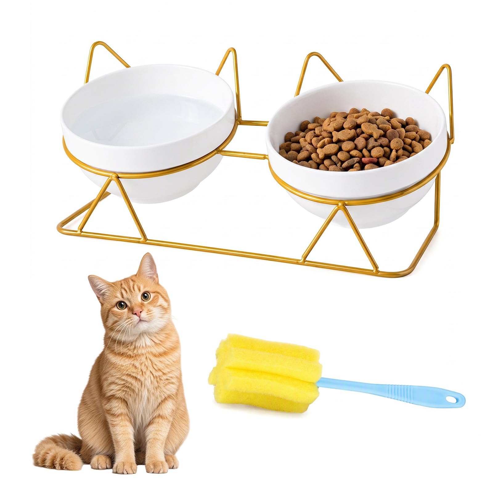 2pcs Cat Bowls with Metal Stand, 11.4x4.7x5.1cm Ceramic Tilted Cat Bowls