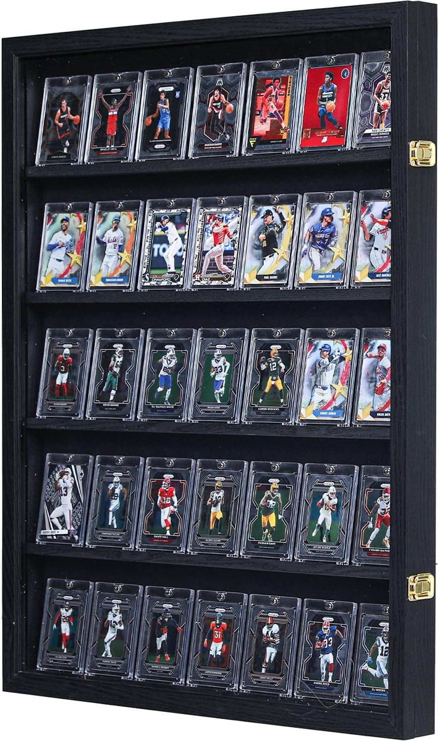 Baseball Card Display Case - 35 Graded Card Display Frame - Holds Sport Cards with UV Protection Clear View Cabinet for Football Hockey Trading Card, Large Black (1 Pack)