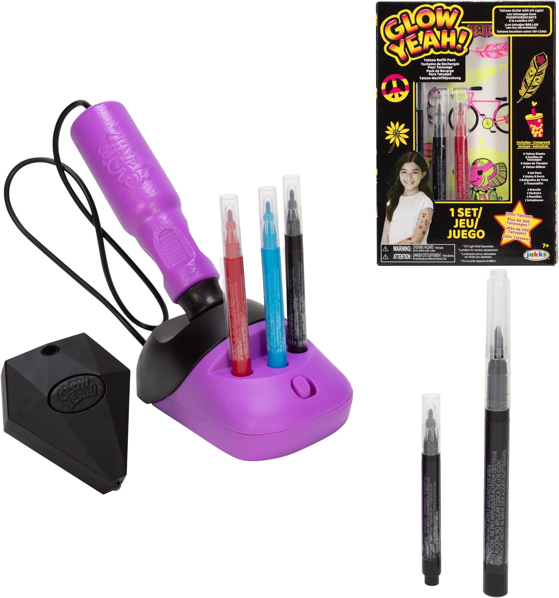 Kid Tattoos for Girls and Boys โ Glow Yeah Temporary Tattoo Design Kit with Refill Pack 1 featuring Vibrating Pen, Stencils, and Glow in Dark designs - Great art activity kit gift for kids!