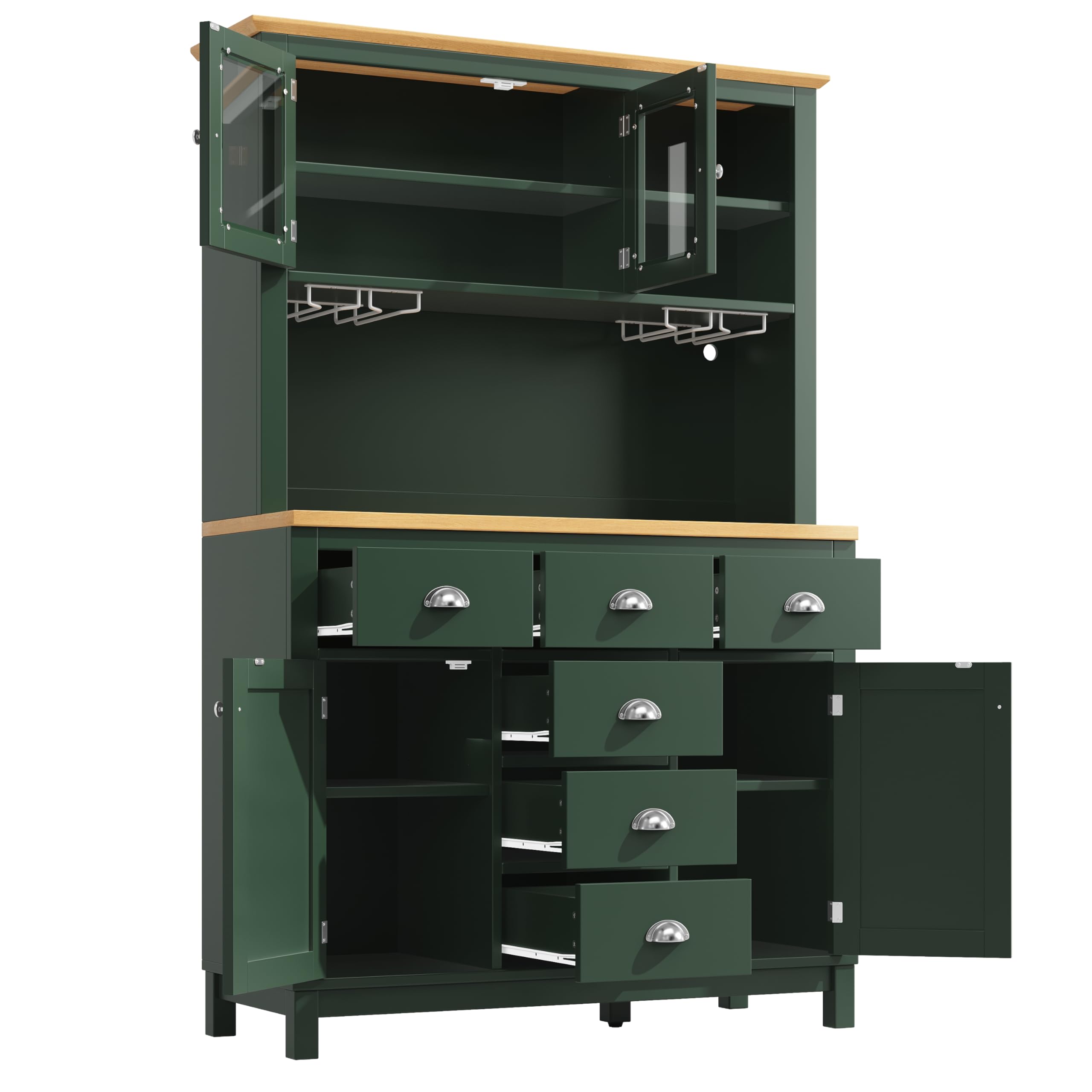 Credenza laterale/Armadietto/Armadietto da cucina/Buffet, 104 x 40 x 180 cm, stile country, 4 ante, con striscia luminosa a LED e portabevande, verde.