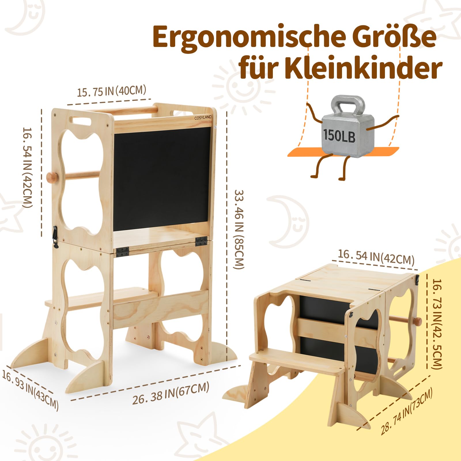 COSYLAND Lernturm Kinder 3in1 Küchenhelfer mit Tafel & Geländer Natur | wandelbar zu Tisch & Stuhl, ideal für Küche, Spielen und Lernen, stabil und sicher