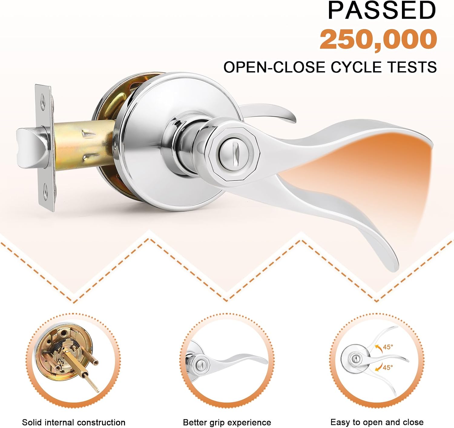 Probrico Interior Door Handle Wave Style Privacy Door Lever Polished Chrome Bed and Bath Handle Interior Keyless Leverset Lockset, Left/Right Handed,1 Pack