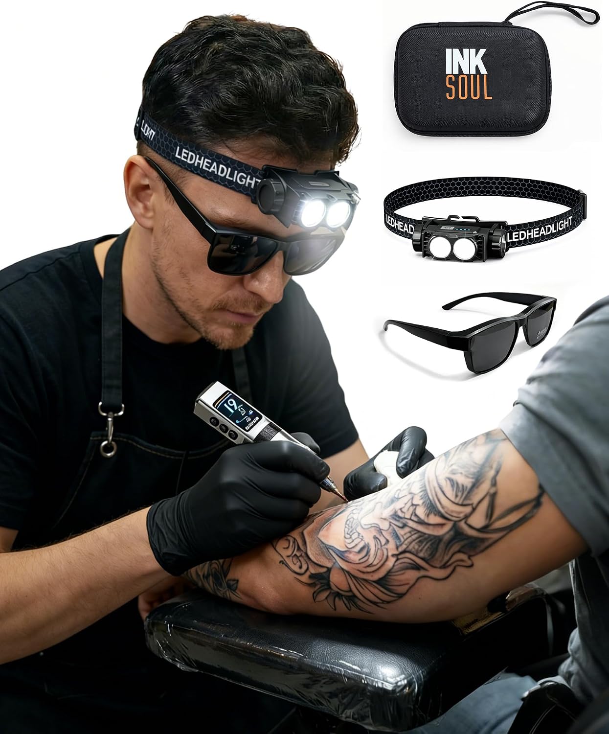 INKSOUL Tattoo Light Kit for Professional Polarized LED Tattoo Light Head-Mounted with Tattoo Vision Glasses Ideal for Embroidery & Cosmetic Work